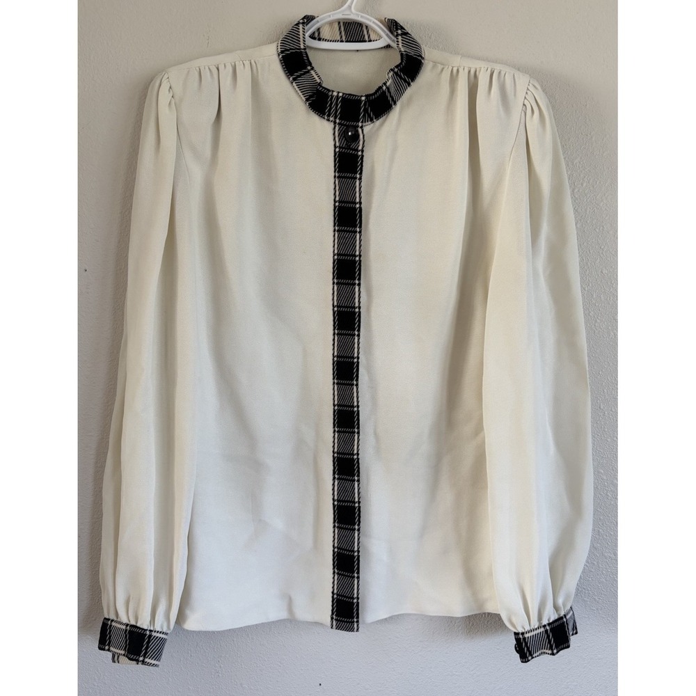 Vintage Pauline Trigère Ivory Plaid Trim Secretary Blouse USA M-L?